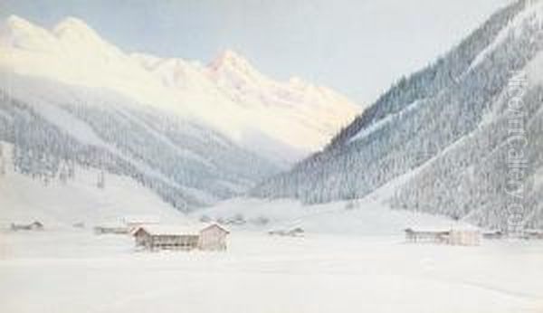 A Snowy Alpine Landscape Oil Painting by George Nelson