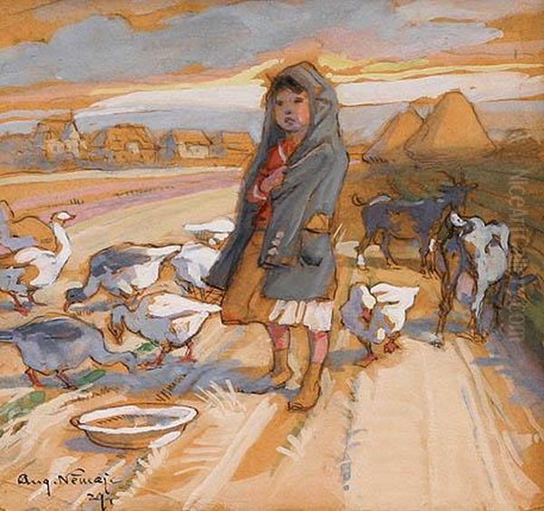 Little Shepherdess Oil Painting by Augustin Nemejc