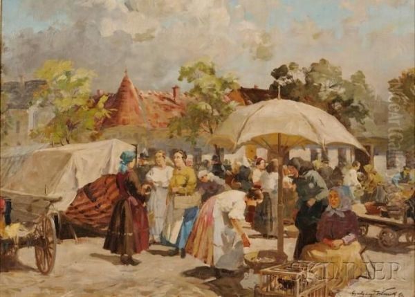 Open-air Market Oil Painting by Gyula Gyertyanyi Nemeth