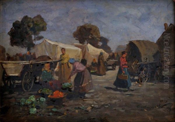 Na Dedinskom Trhu Oil Painting by Gyula Gyertyanyi Nemeth