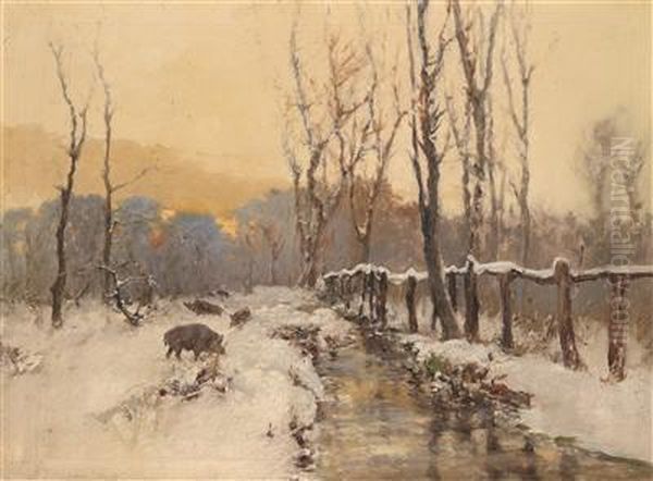 Wild Boar By A Stream In Winter Oil Painting by Antal Neogrady