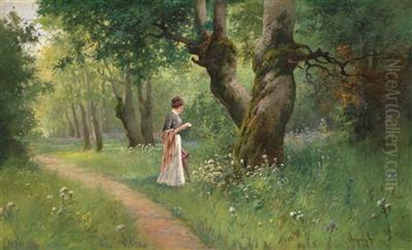 Young Lady Reading In A Spring Landscape Oil Painting by Antal Neogrady