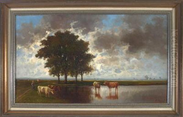 Bauerin Mit Vier Kuhen Am Ufer In Weiter Bewolkter Landschaft Oil Painting by Heinrich Neppel