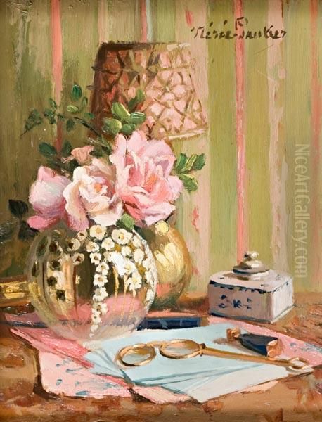 Vaso Di Rose Con Occhiali E Corrispondenza Oil Painting by Jane Neree-Gautier