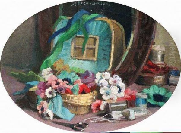 Nature Morte Aux Fleurs Et A La Trousse De Couture Oil Painting by Jane Neree-Gautier