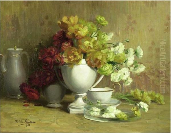 Still Life Of Flowers And Coffee Service Oil Painting by Jane Neree-Gautier