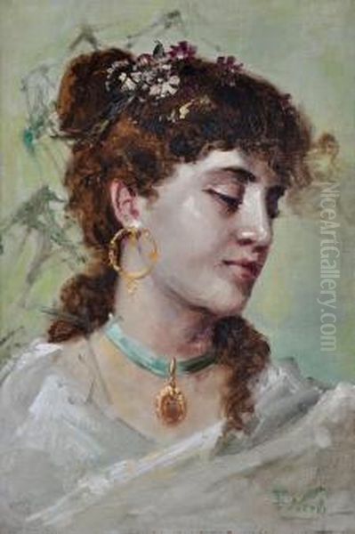 demure Young Woman With Golden Locket Oil Painting by Girolamo Pieri B. Nerli