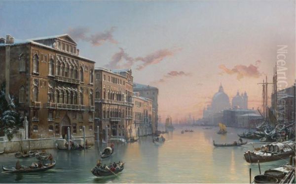 A Winter View Of The Grand Canal, Venice, From The Palazzo Cavalli-franchetti Towards Santa Maria Della Salute Oil Painting by Friedrich Nerly