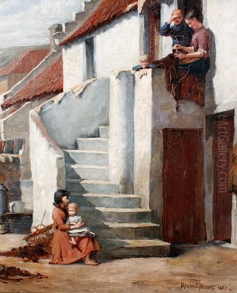 A Family Gathered On The Steps Oil Painting by Frances E. Nesbitt