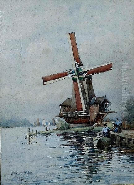 Dutch Windmill Oil Painting by Frances E. Nesbitt