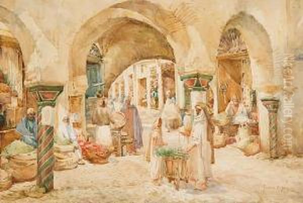 North African Market Scene Oil Painting by Frances E. Nesbitt