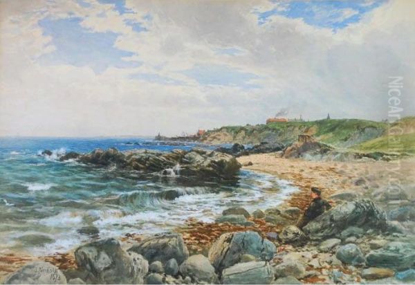 'isle Of Arran' Beach Scene With Boy Seated On Rocks Oil Painting by John Nesbitt