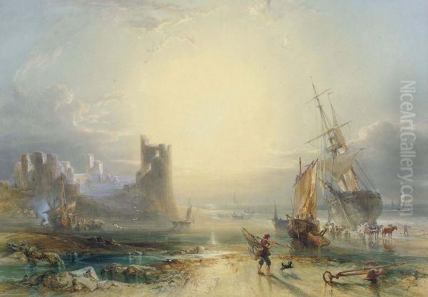 Unloading The Catch Before A Ruined Castle At Sunset Oil Painting by William Andrews Nesfield