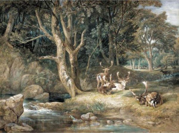 Deer Park With A Kingfisher Oil Painting by William Andrews Nesfield