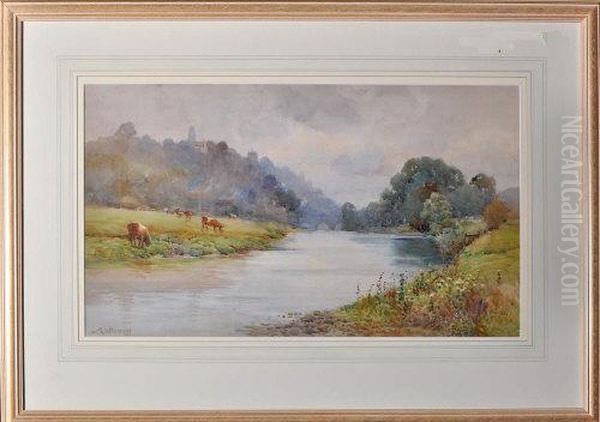 Cattle Grazing Along The Bank Of A River With A Town In The Distance Oil Painting by Arthur Netherwood