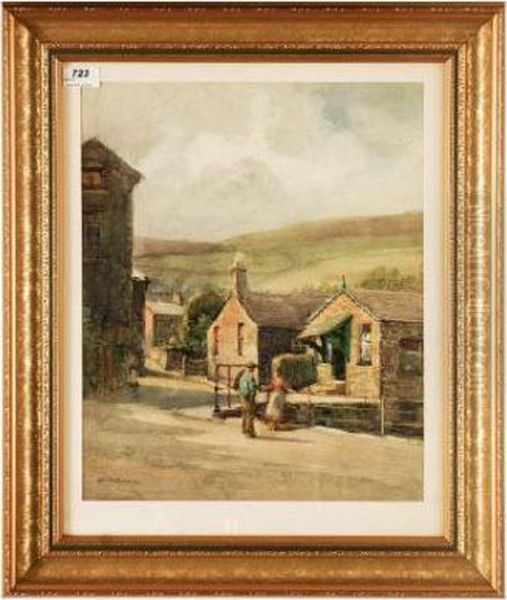 Farmer Chatting To A Pretty Young Girl Outside Cottages In A Village Scene Oil Painting by Arthur Netherwood