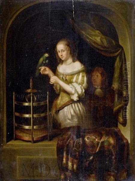 Girl With A Parrot Oil Painting by Caspar Netscher