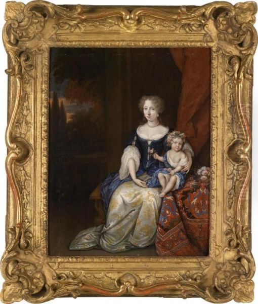 Portrait Of A Young Lady With Herchild Oil Painting by Constantin Netscher