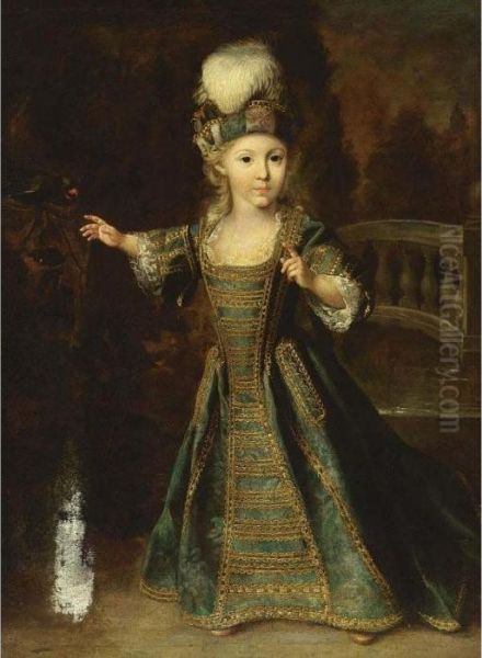 A Portrait Of A Young Boy, Standing Full Length, Wearing A Blue With Golden Embroidery Dress And A Hat With Feathers, In A Park Setting, Together With A Parrot Oil Painting by Theodorus Netscher