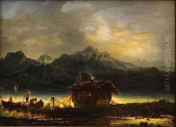 Pecheurs Sur Un Lac De Montagne Oil Painting by Benjamin Netter