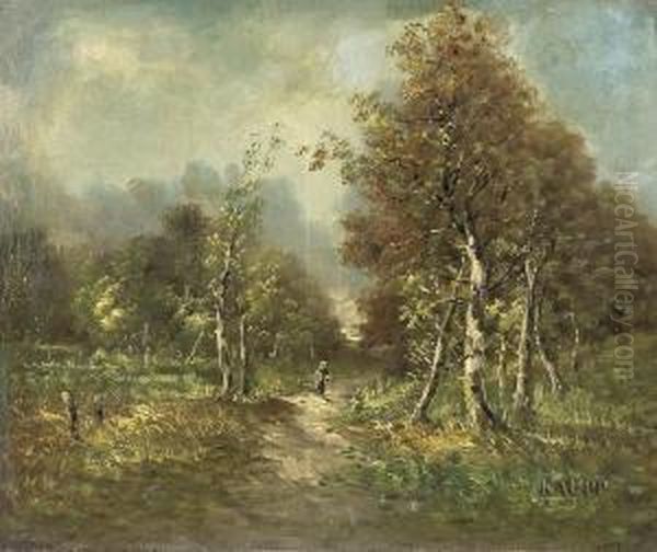 In Spatsommerlicher Landschaft Auf Einem Weg Spazierende Ruckenfigur Oil Painting by Benjamin Netter