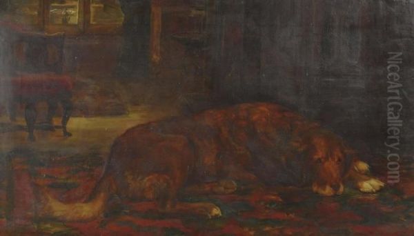 A Dog Resting In An Interior Oil Painting by John Trivett Nettleship