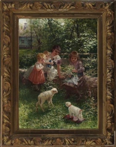 Spielende Kinder Im Garten. Oil Painting by Hermann Neuber