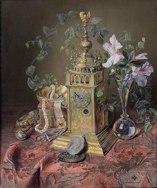 A Stilllife With A Clock And Jewellery Oil Painting by Josef Neugebauer