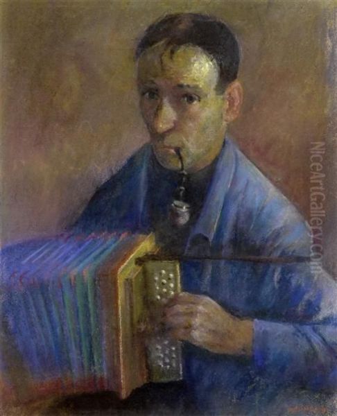 Self Portrait With Accordion Oil Painting by Werner Neuhaus