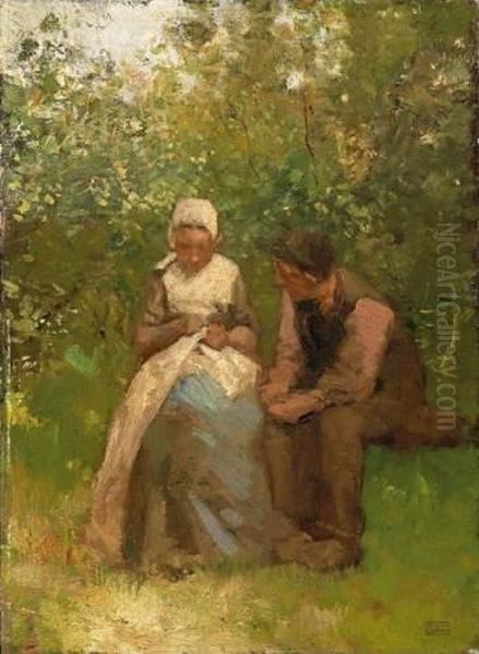 Young Dutch Couple In The Spring Garden Oil Painting by Albertus Johan Neuhuys