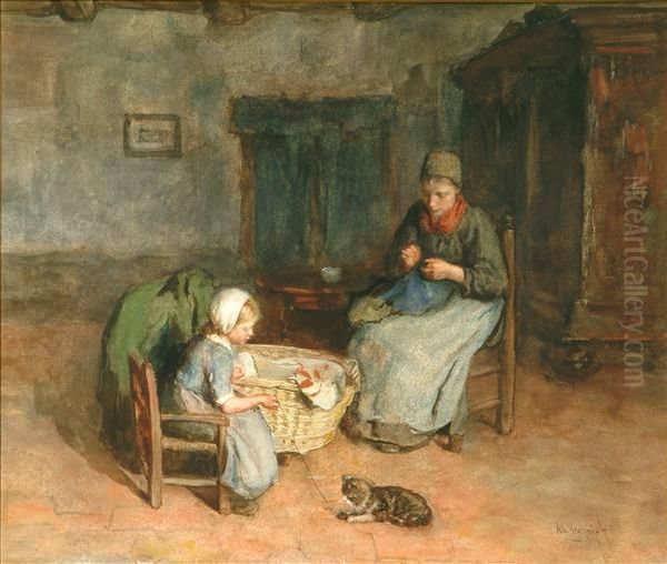 A Kitchen Interiorwith Mother Sowing And Child Playing With A Catwatercolour Oil Painting by Albertus Johan Neuhuys