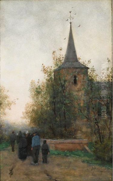 On The Way To Church, Laren Oil Painting by Joseph Hendrikus Neuhuys