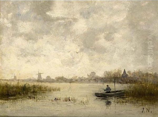 An Angler In A River Landscape Oil Painting by Joseph Hendrikus Neuhuys