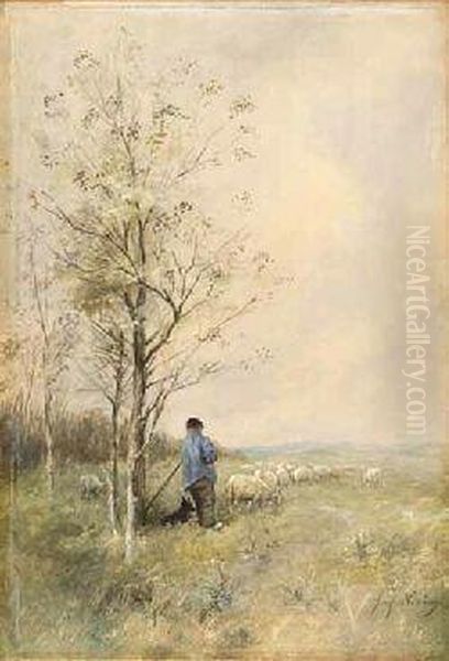 Shepherd And His Flock - Springtime Oil Painting by Joseph Hendrikus Neuhuys