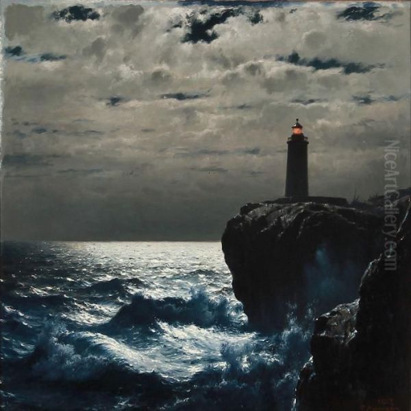 Rocky Coast With A Lighthouse That Lights In The Moonlight Oil Painting by Carl Johan Neumann