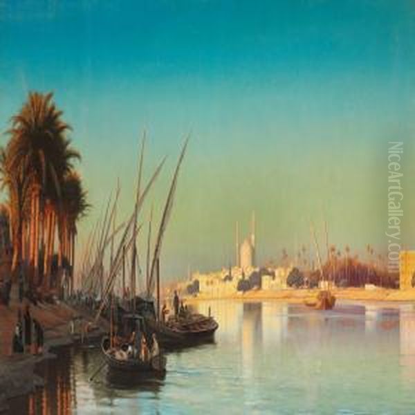 Aften Pa Nilen Ved Cairo Oil Painting by Carl Johan Neumann