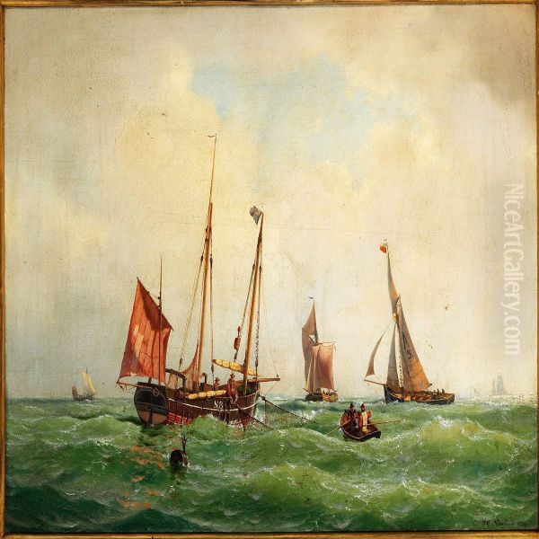 Fishing Boats At Sea Oil Painting by Carl Johan Neumann