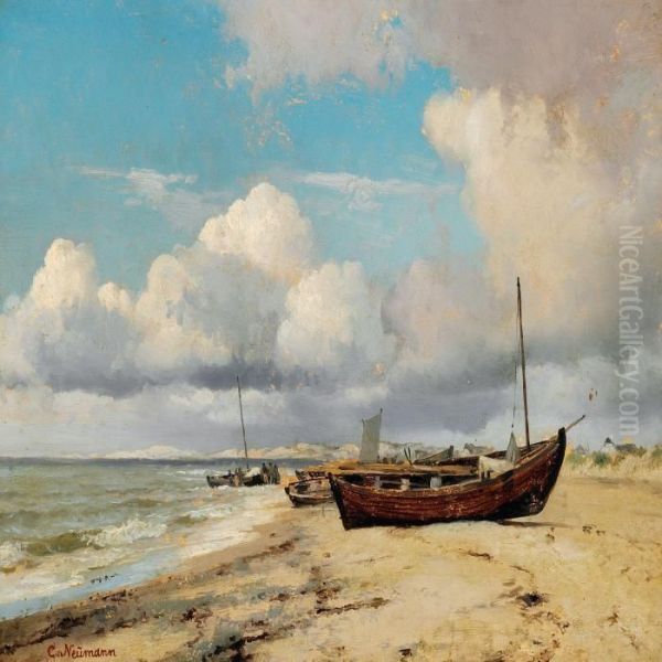 Boats On The Beach, Skagen Oil Painting by Carl Johan Neumann