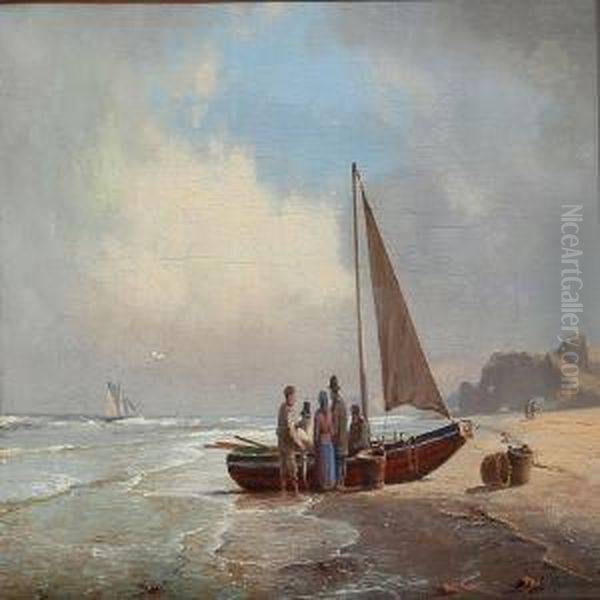 Coastel Scene With A Fishingboat On The Beach Oil Painting by Carl Johan Neumann