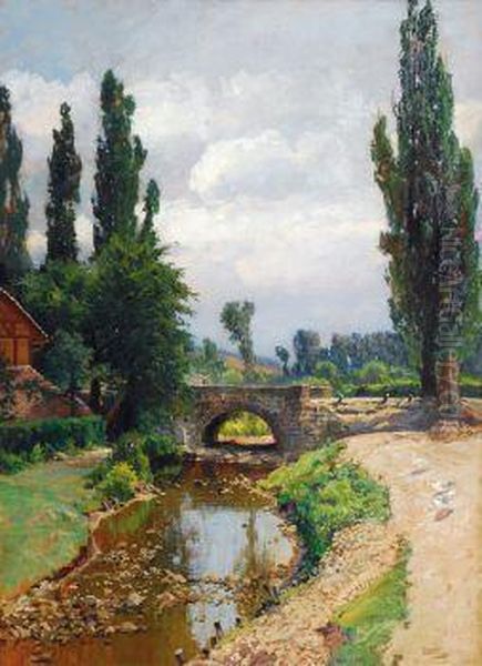 Flusbrucke Bei Sandershausen Im Niestetal Oil Painting by Emil, Friedrich Emil Neumann