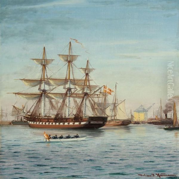 Copenhagen Harbour With Sailing Ships Oil Painting by Johann Jens Neumann