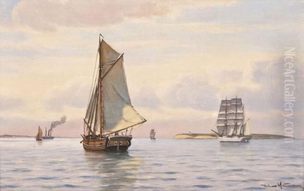 Segelschiffe Vor Der Kuste Oil Painting by Johann Jens Neumann