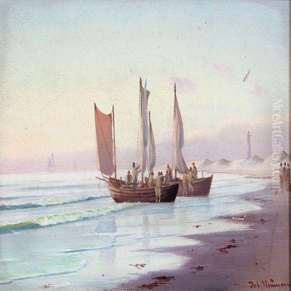 Beach Scenery With Fishermen Oil Painting by Johann Jens Neumann