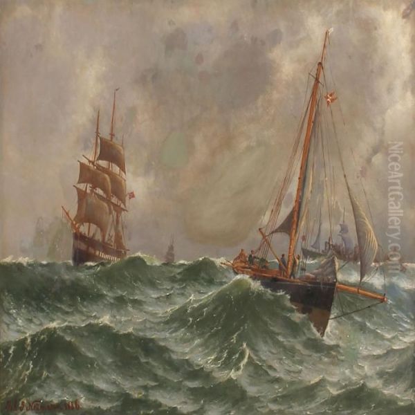 Sailing Ships In High Waves Oil Painting by Johann Jens Neumann