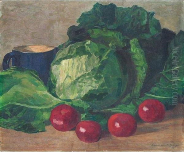 Stilleben Mit Tomaten, Kohl Und Blauem Krug Oil Painting by Gottfried August Neumann-Saint-George