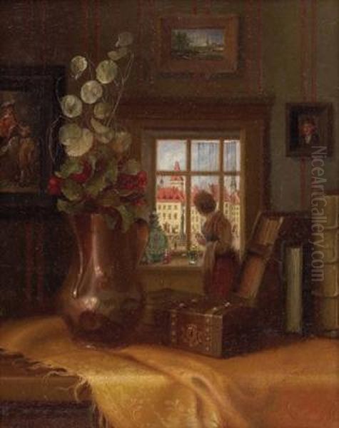 Zimmerinterieur Mit Blick Auf Eine Stadt Oil Painting by Ludwig Neumuller