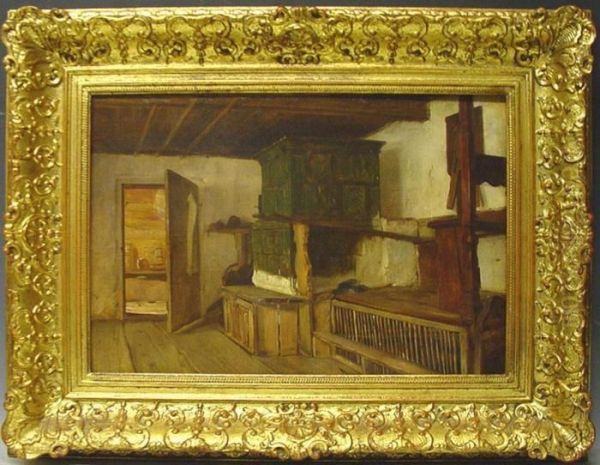 Stubeninterieur - Alte Bauernstube Mit Kachelofen Oil Painting by Ludwig Neustatter