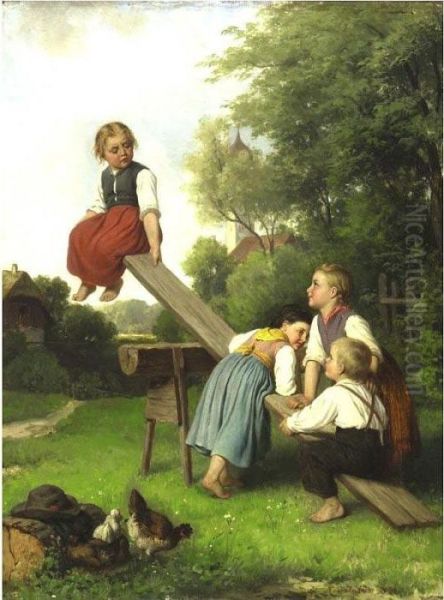 On The See-saw Oil Painting by Ludwig Neustatter