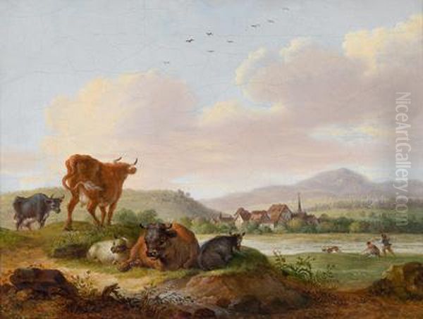 Ein Paar Landschaften. 1. Sudliche Landschaft Mit Ruhenden Kuhen Oil Painting by Maximillian Neustuck