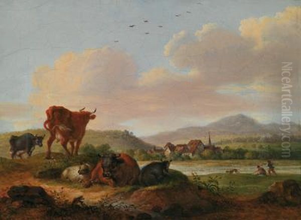 Paesaggio Meridionale Con Vacche In Riposo E Un Villaggio Sullo Sfondo Oil Painting by Maximillian Neustuck